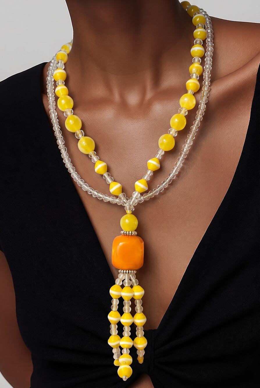 Vintage Mid-1960 s Layered Yellow Lucite & Art Glass Tassel Statement Necklace